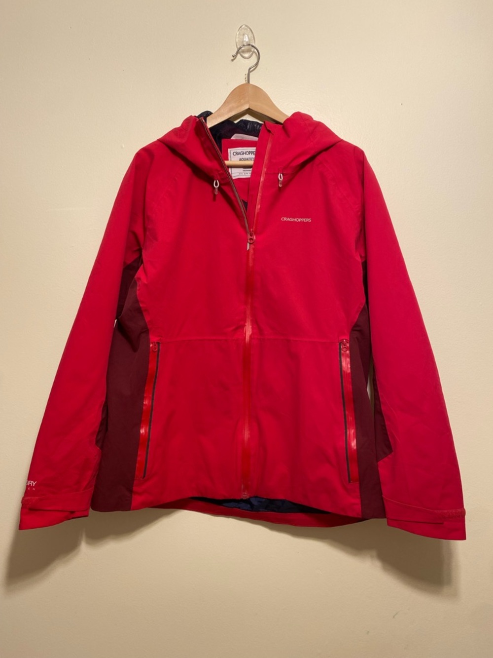 Craghoppers Bright Red Hooded Outdoor Jacket with Dark Red Panels. Size XL